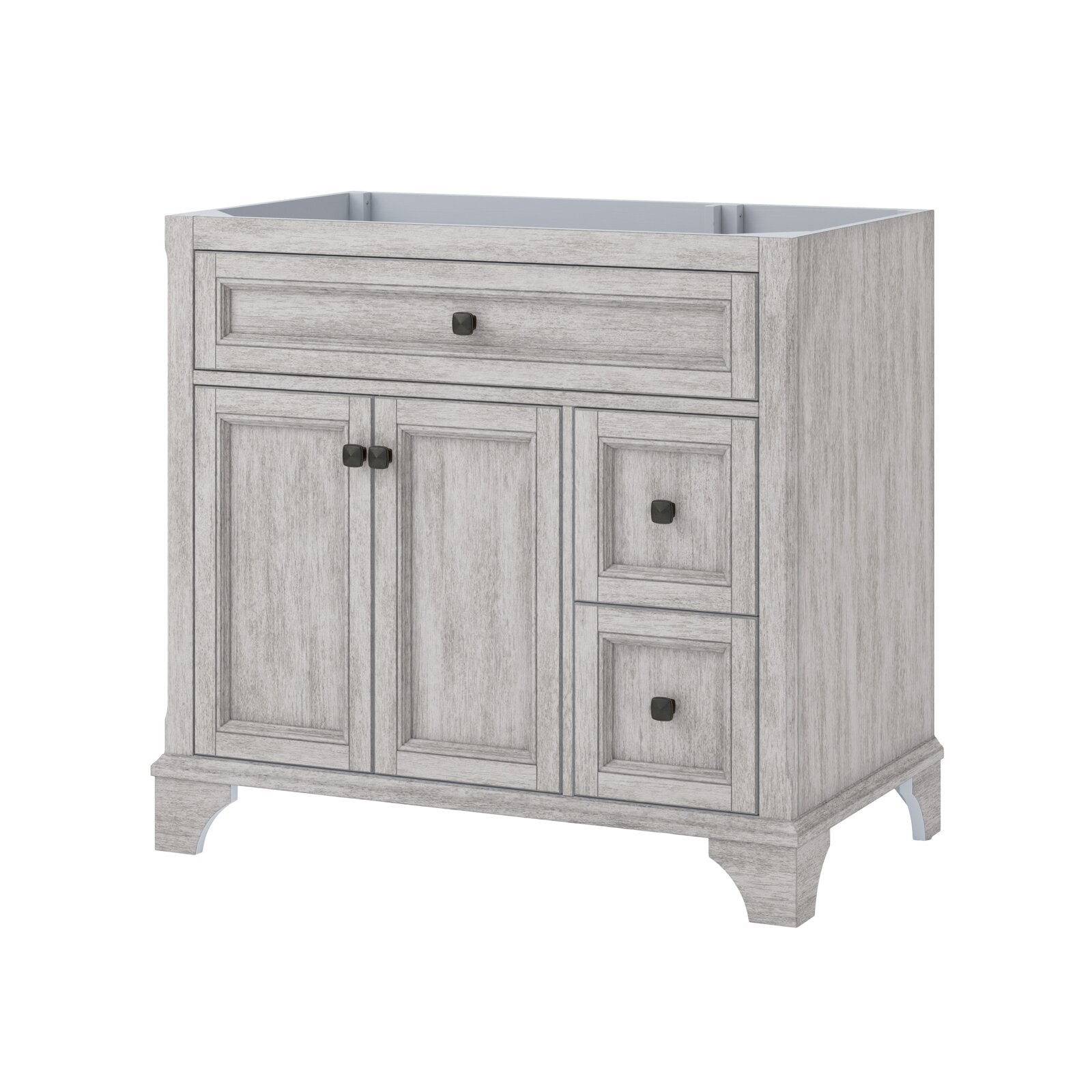 Modern 37-inch freestanding bathroom vanity in stone-finish solid wood shown without a countertop; features a recessed single-sink opening, two center cabinet doors, two stacked right drawers, and dark square knob hardware.