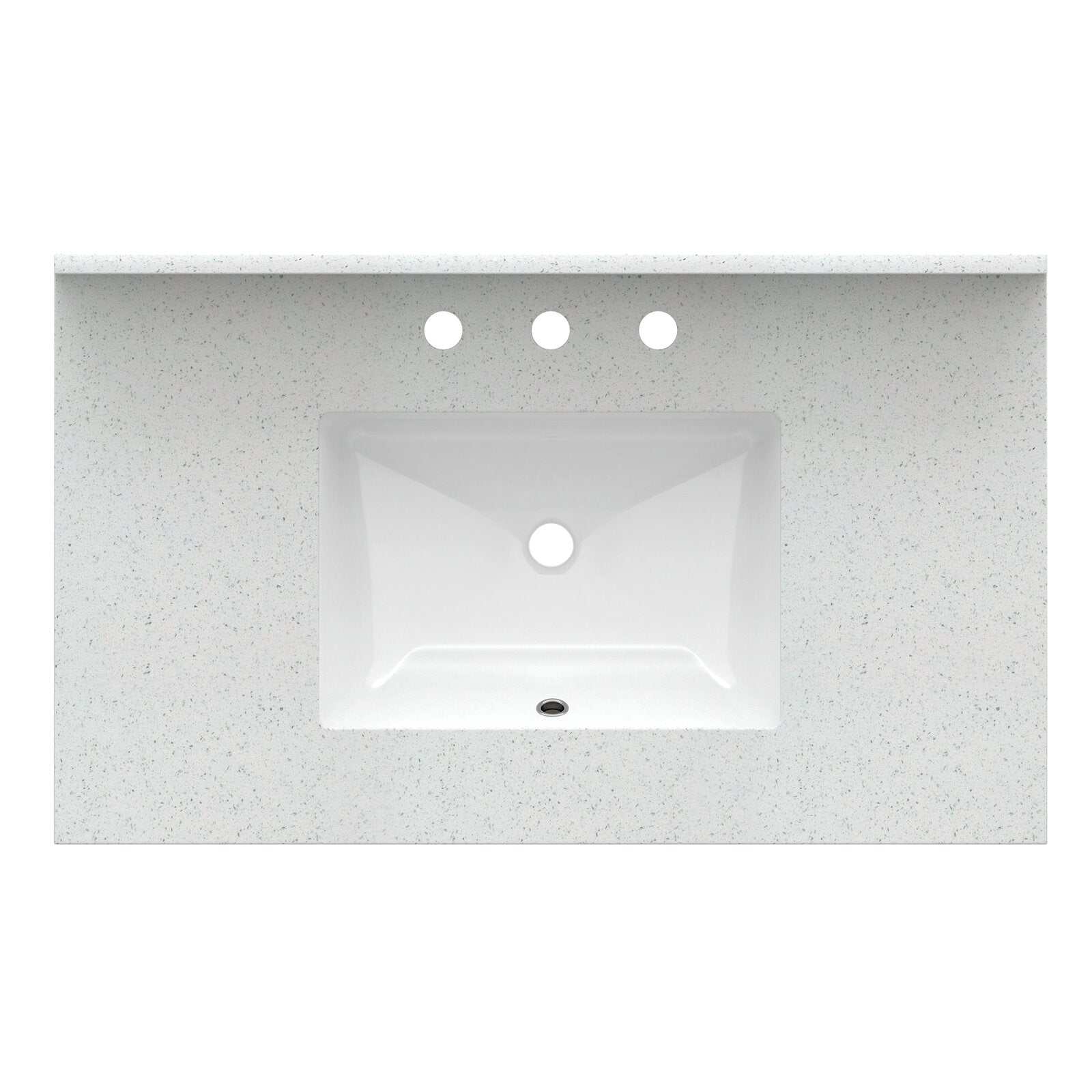 Top view of a 37-inch speckled stone gray vanity top with a centered rectangular white ceramic sink and three pre-drilled faucet holes above the basin.