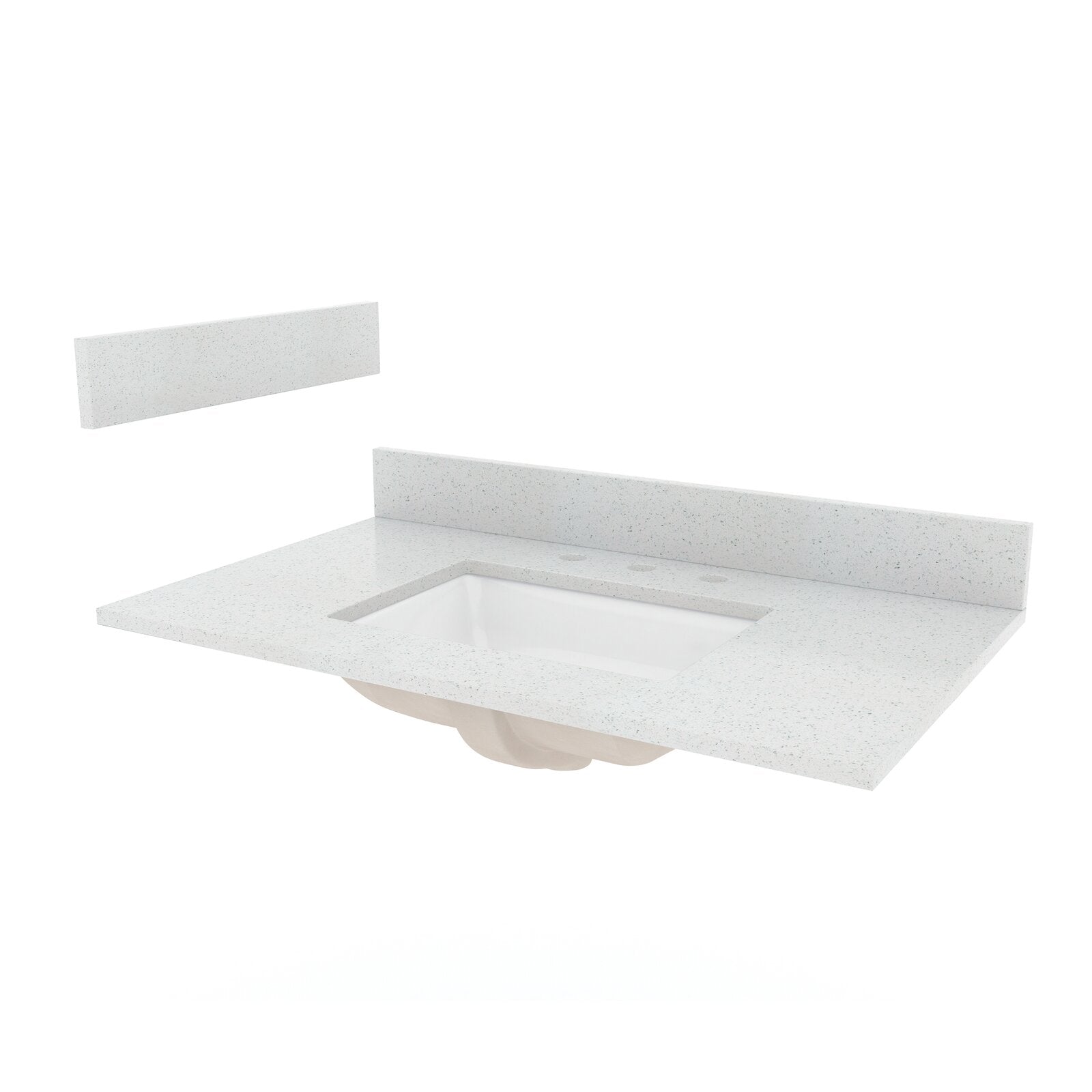 Stone-colored speckled vanity top with an integrated rectangular white ceramic sink and matching low backsplash panel, shown angled on a white background with pre-drilled faucet area.