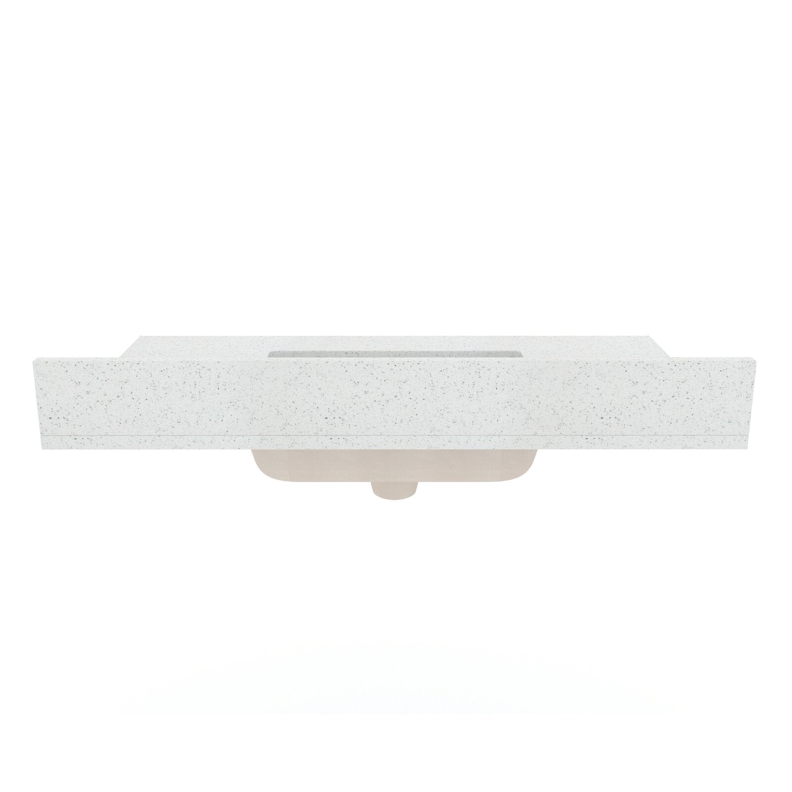 Top view of a speckled stone vanity top in stone color with an integrated rectangular ceramic sink and exposed beige basin underside, shown on a white background.