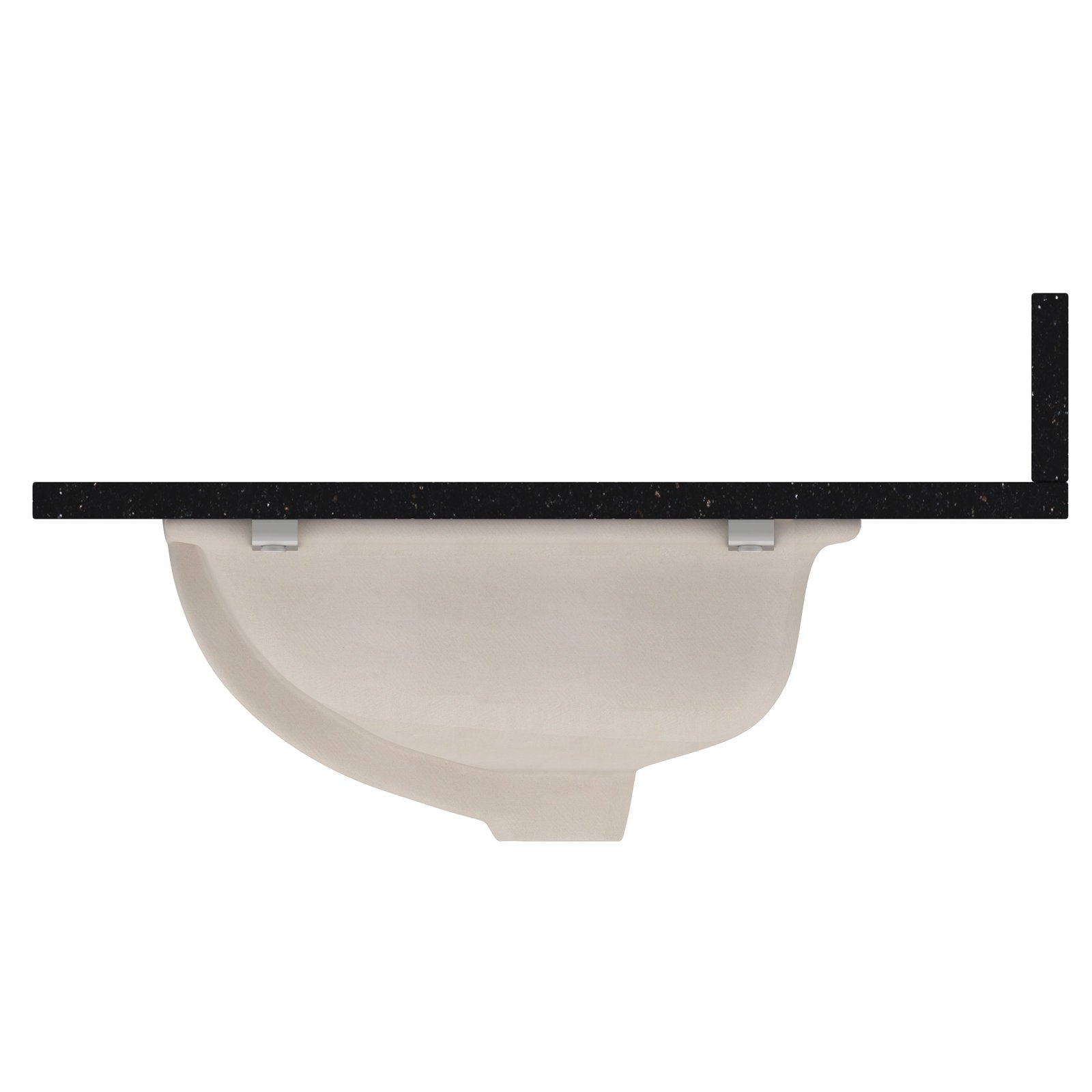 Underside view of a black quartz vanity top with short backsplash and a cream ceramic undermount sink secured by two metal mounting clips against a white background.