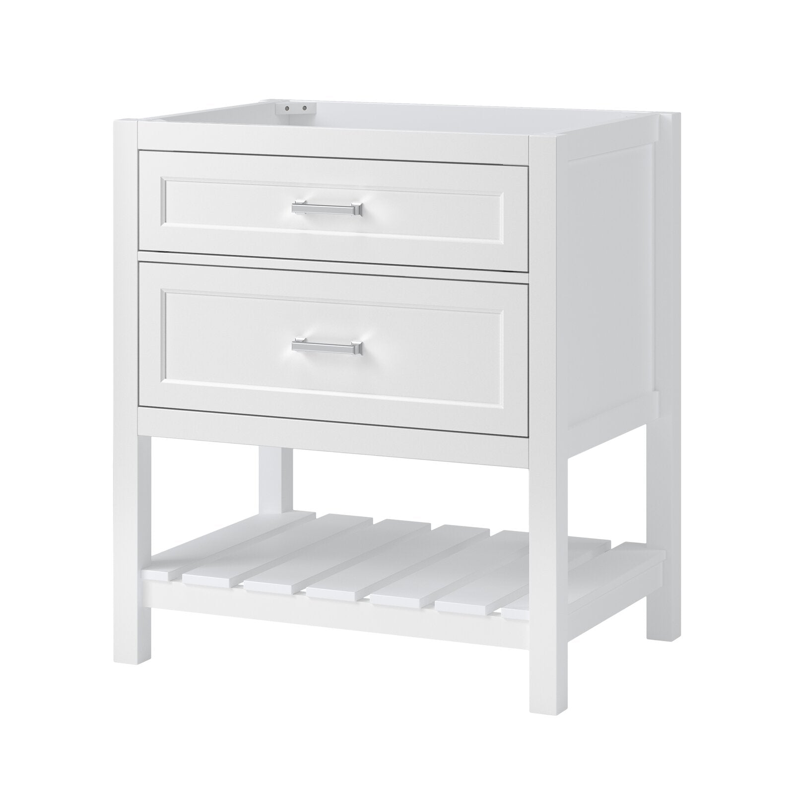 Modern white solid-wood 31-inch single-sink bathroom vanity with two drawers, rectangular chrome handles and a slatted open lower shelf; freestanding design with a recessed top to accept a quartz or ceramic sink.
