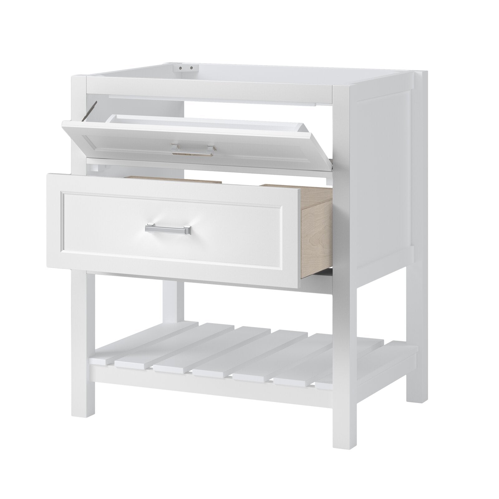 White solid wood 31-inch freestanding single-sink bathroom vanity in modern style with open sink cavity, tilt-up top compartment, large lower drawer showing natural wood interior, slatted bottom shelf and chrome pull hardware.