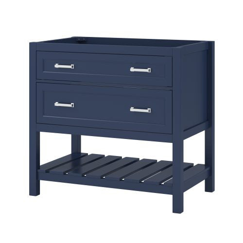 Navy blue solid wood single-sink bathroom vanity base with two soft-close drawers, chrome bar pulls and an open slatted bottom shelf, shown without top and ready to pair with a white marble countertop.