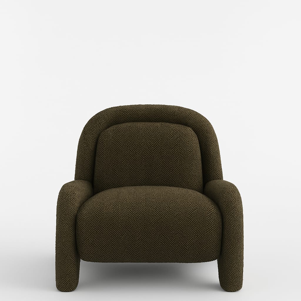 Front view of an olive-green chevron wool upholstered accent chair with a rounded full back, plush seat and curved arm supports in a modern contemporary style.