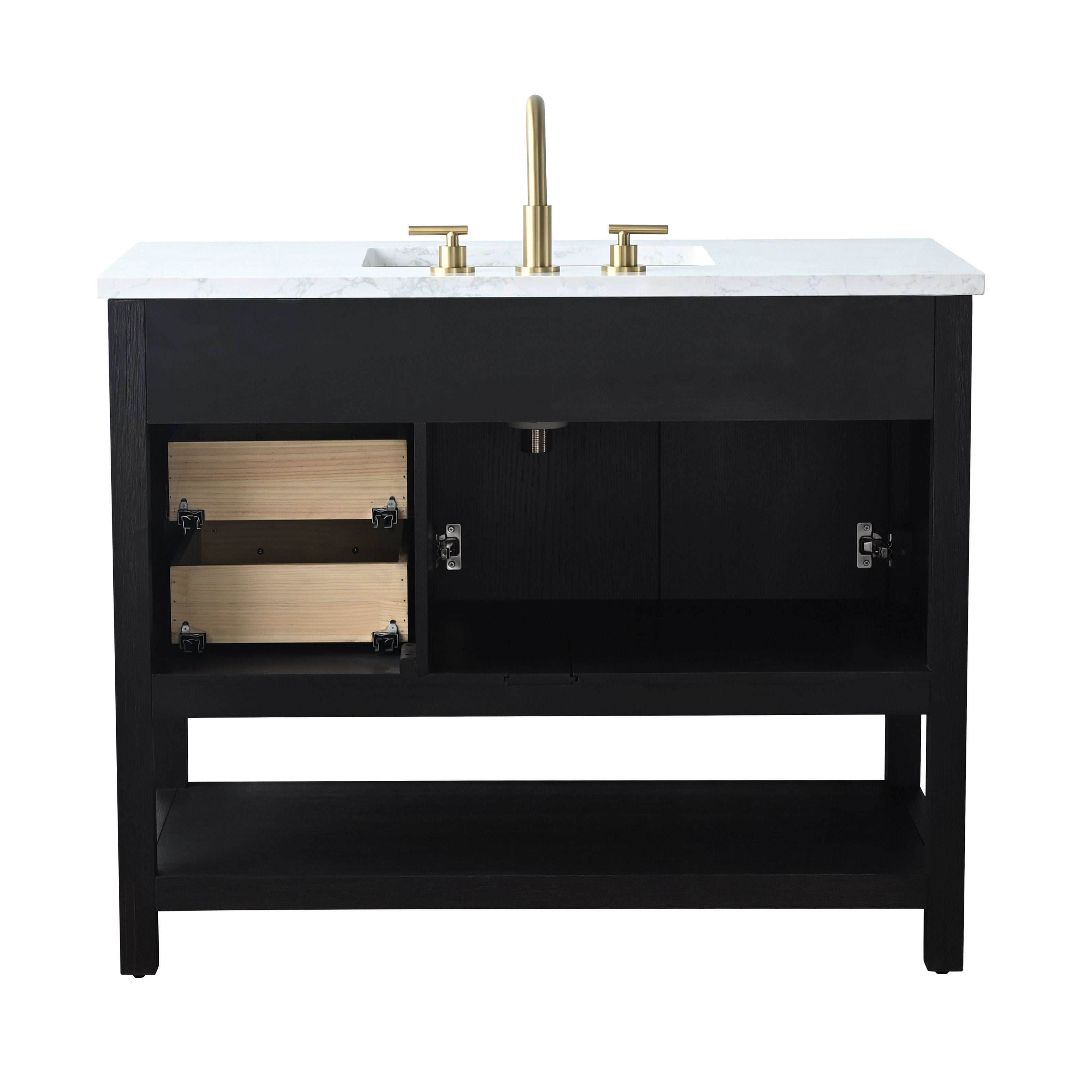 Front view of a 42-inch modern black solid-wood single-sink bathroom vanity with a white marble stone top, brass faucet and integrated rectangular sink, exposed natural-wood drawer boxes at left and open lower shelf.