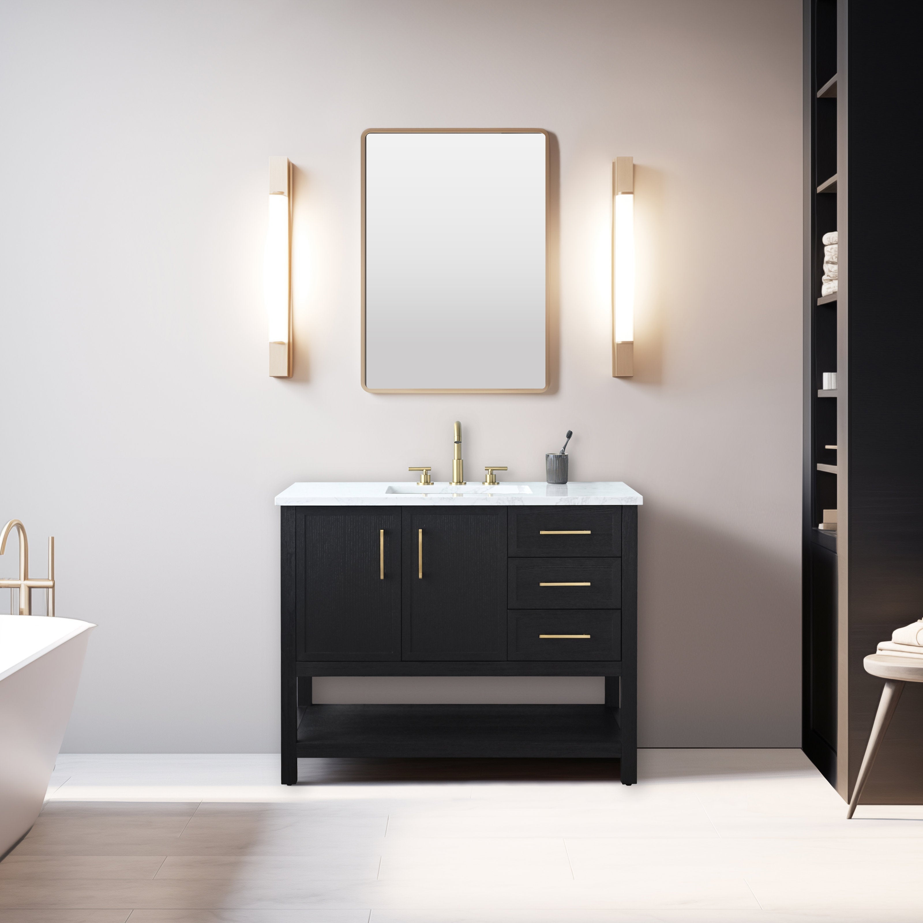 Contemporary 42-inch single-sink black solid wood bathroom vanity with stone marble top and white ceramic sink, brass faucet and pulls, three drawers and open lower shelf beneath a rectangular mirror.