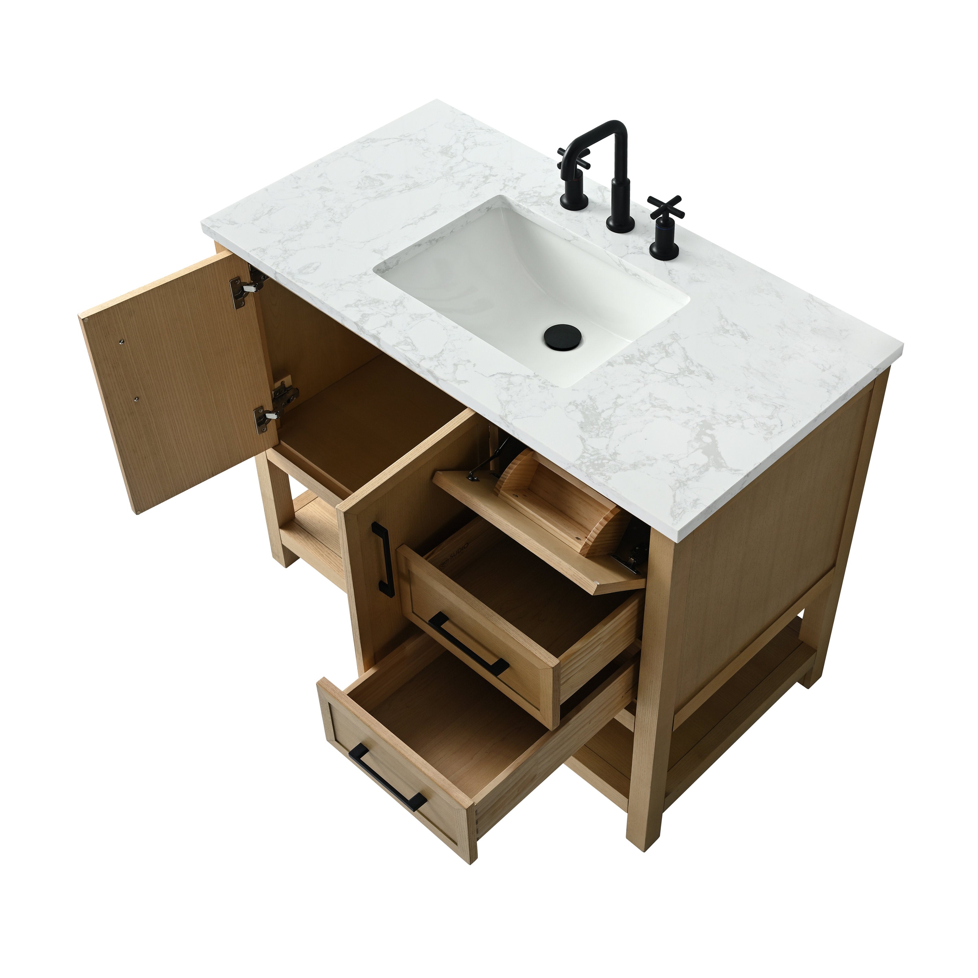 Modern freestanding 42-inch single-sink bathroom vanity in natural solid wood with a white marble-look stone countertop, integrated rectangular sink, matte-black faucet and hardware, with drawers and cabinet open to show storage.