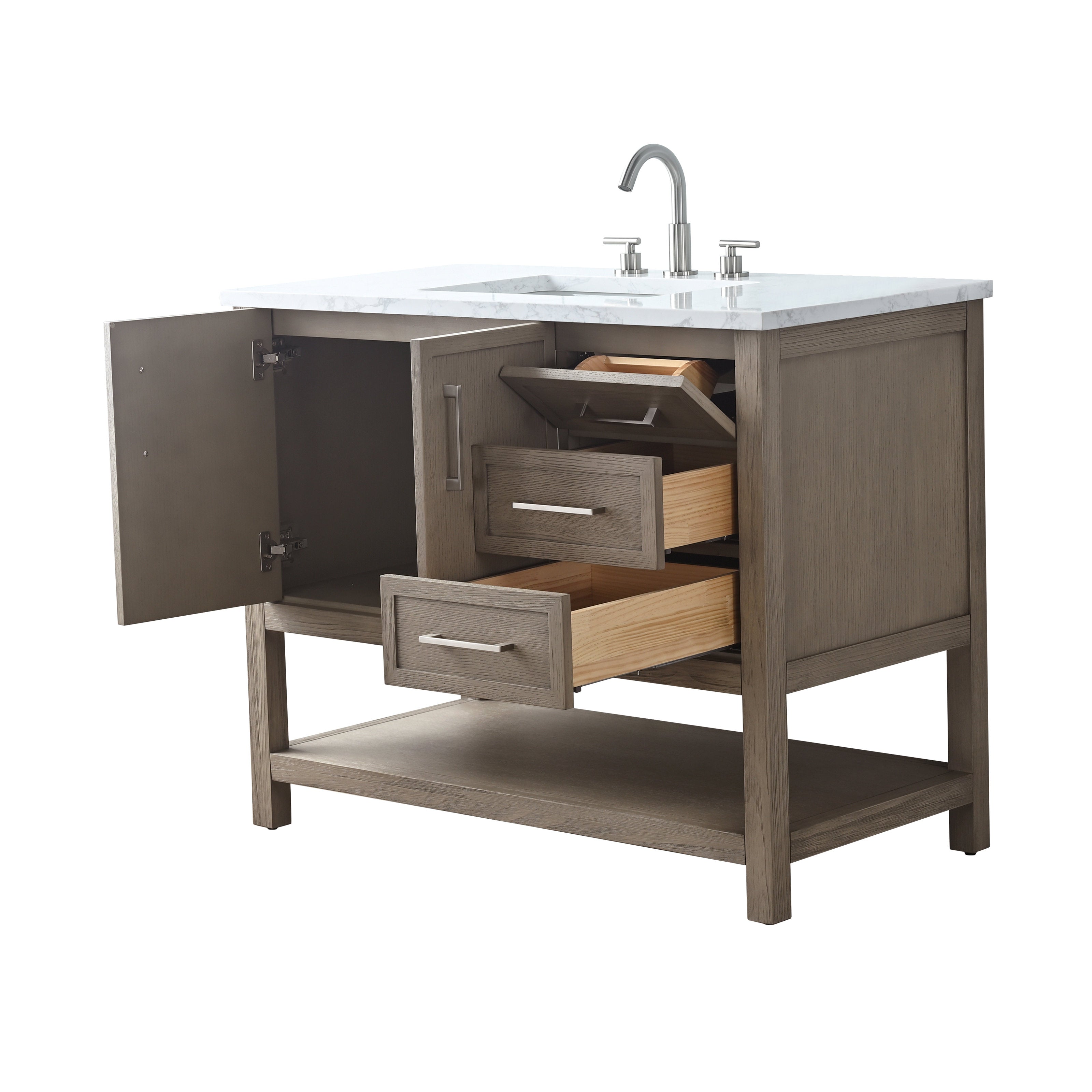 42-inch single-sink vanity with white marble stone top and integrated ceramic sink, gray-brown solid wood cabinet with open shelf, one open door and two pull-out wood drawers with brushed metal pulls and chrome faucet.