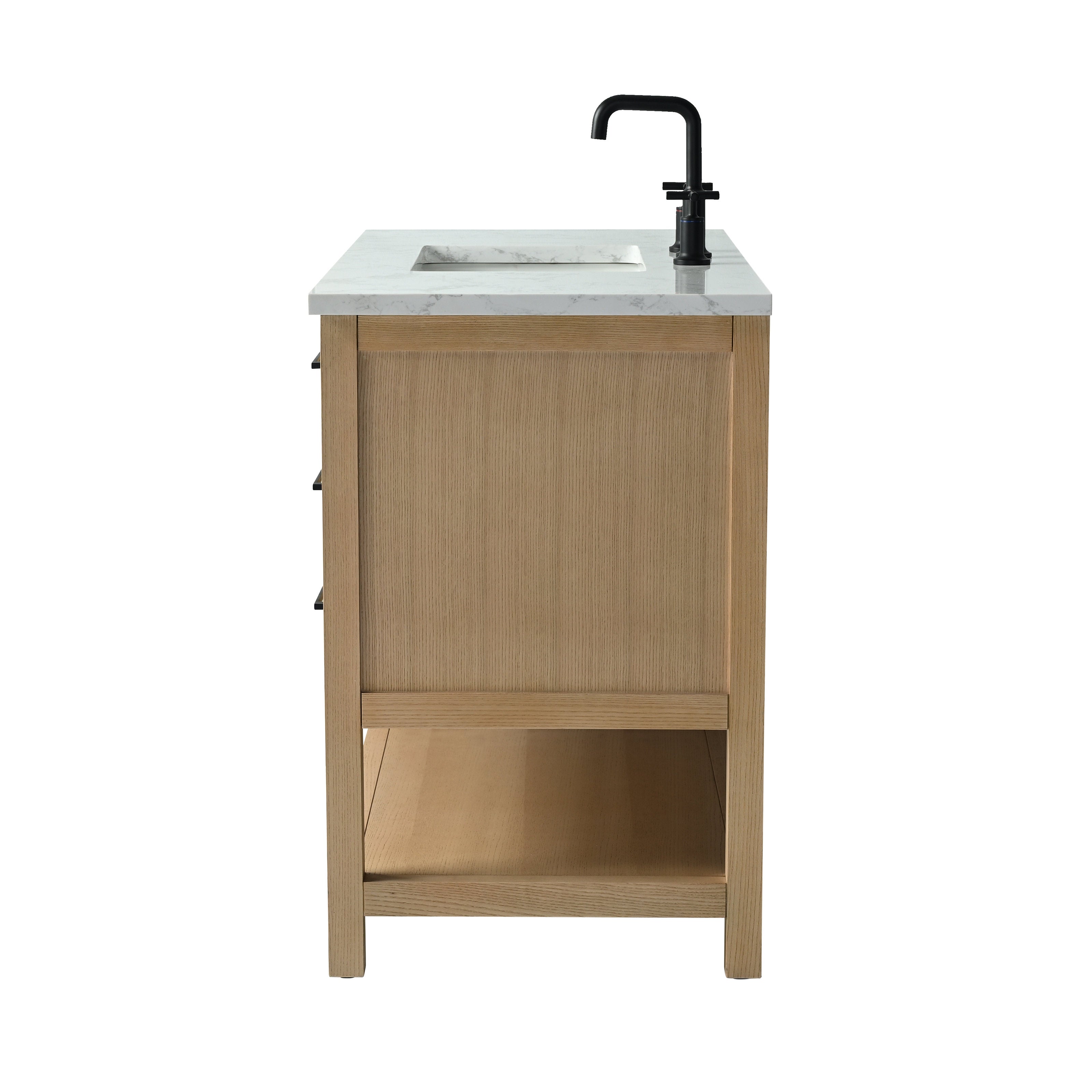 Side view of a modern single-sink bathroom vanity with a stone marble-look top and inset ceramic basin, solid light wood frame, open lower shelf and a matte black faucet.