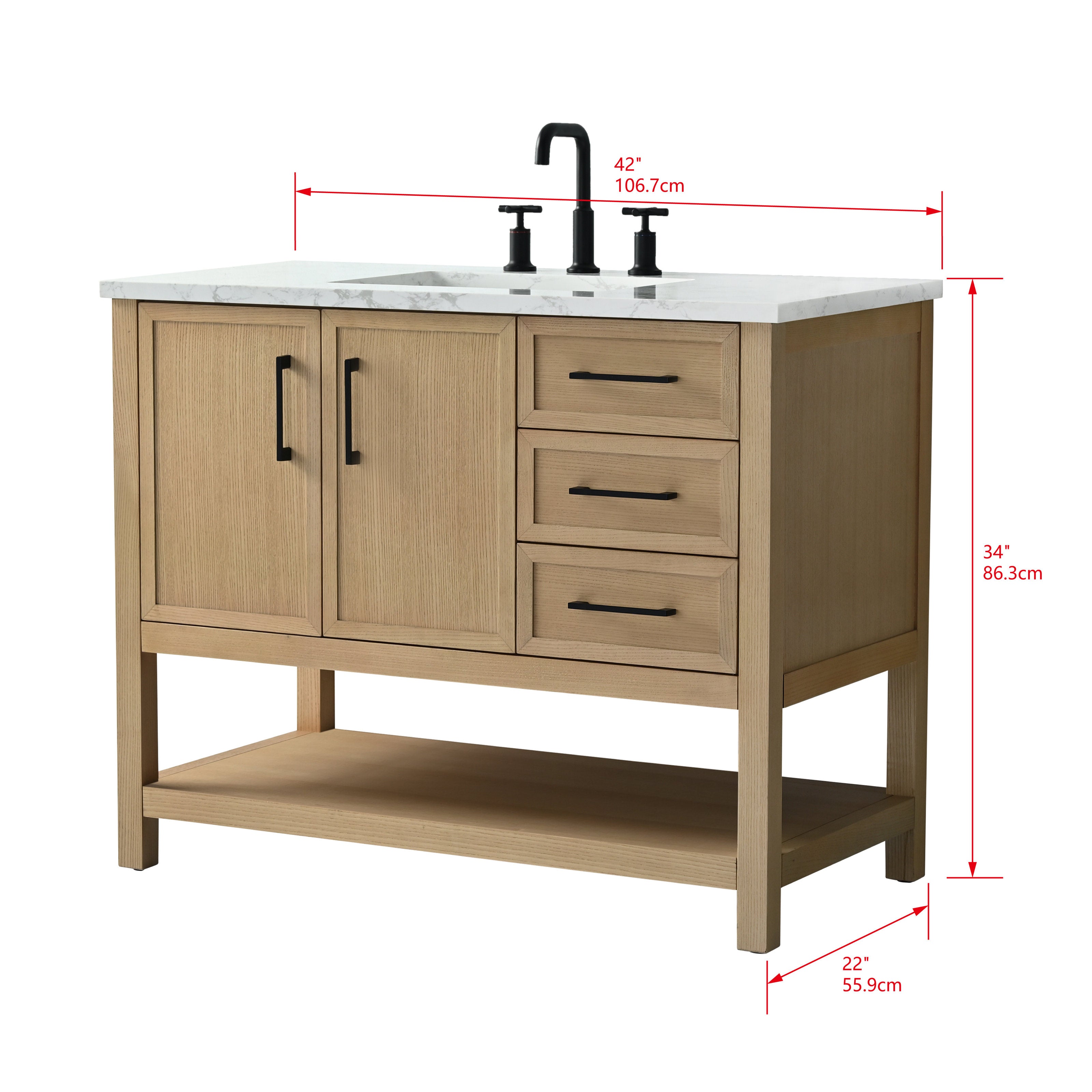 42-inch single-sink vanity in light solid wood with a white stone marble top, integrated rectangular ceramic sink, matte black faucet and handles, two-door cabinet, three drawers and open lower shelf in a modern contemporary style.