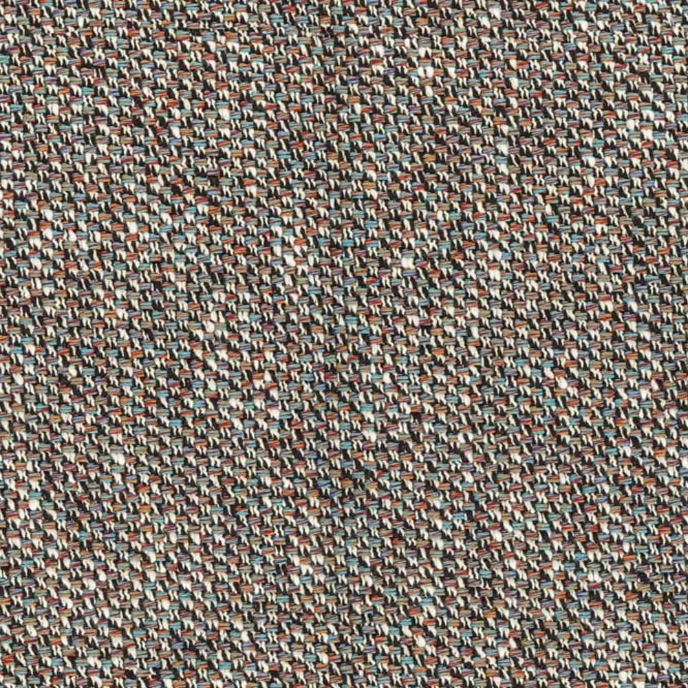 Close-up of beige multicolored woven upholstery fabric (25% cotton, 75% polyester) showing a tight textured weave with blue, rust and cream yarns, suitable for indoor sofa upholstery.