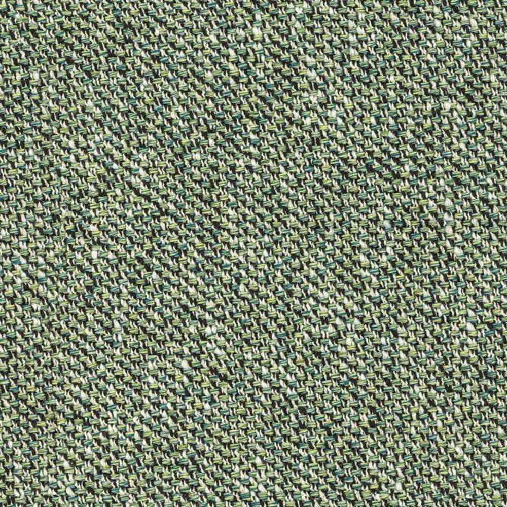 Close-up of woven upholstery fabric in muted sage and beige with dark teal and charcoal threads; textured 25% cotton, 75% polyester suitable for indoor sofa upholstery.
