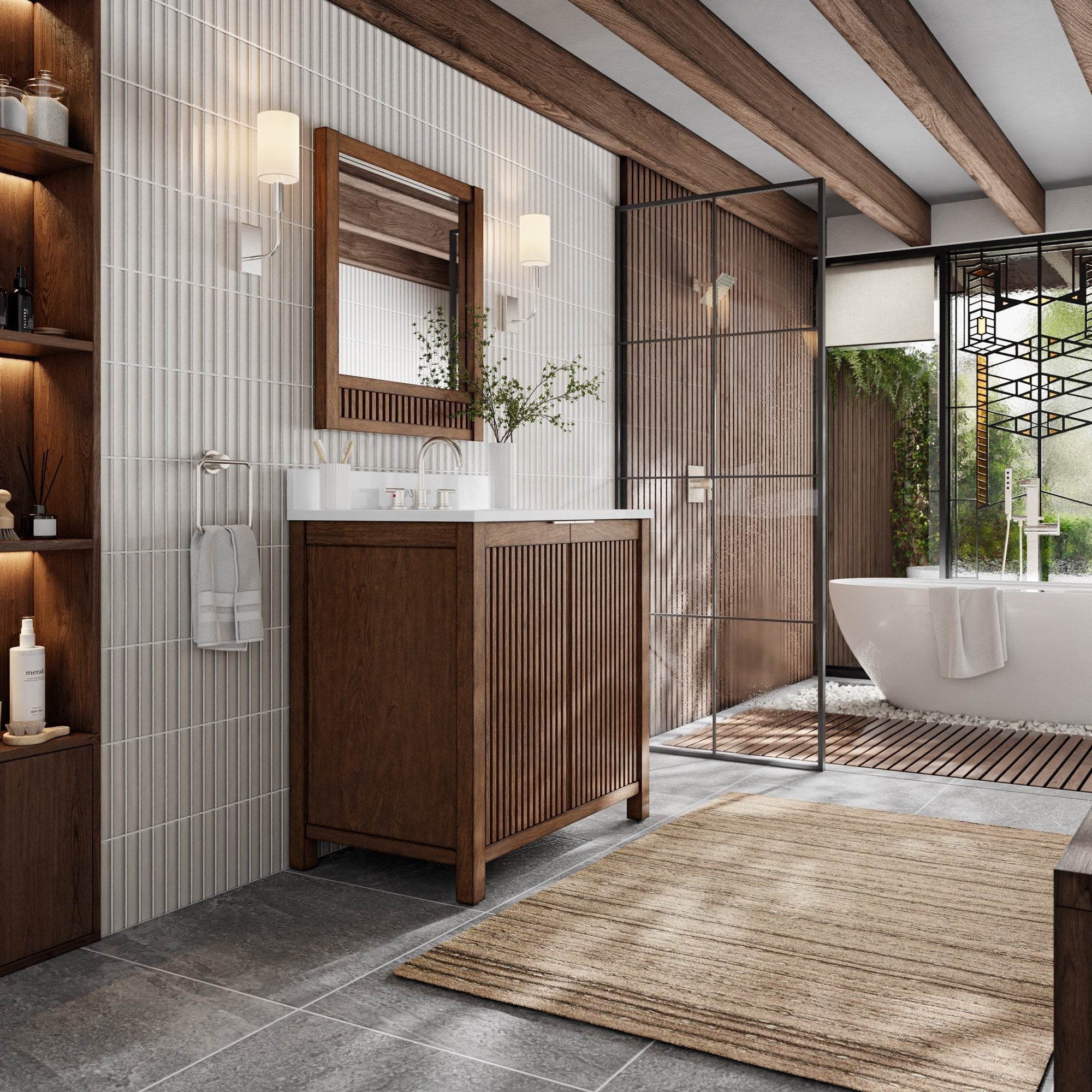 Modern fluted solid wood 36-inch bathroom vanity with stone countertop and integrated single sink, wood-framed mirror and wall sconces, shown beside a glass shower and freestanding tub in a contemporary bath.