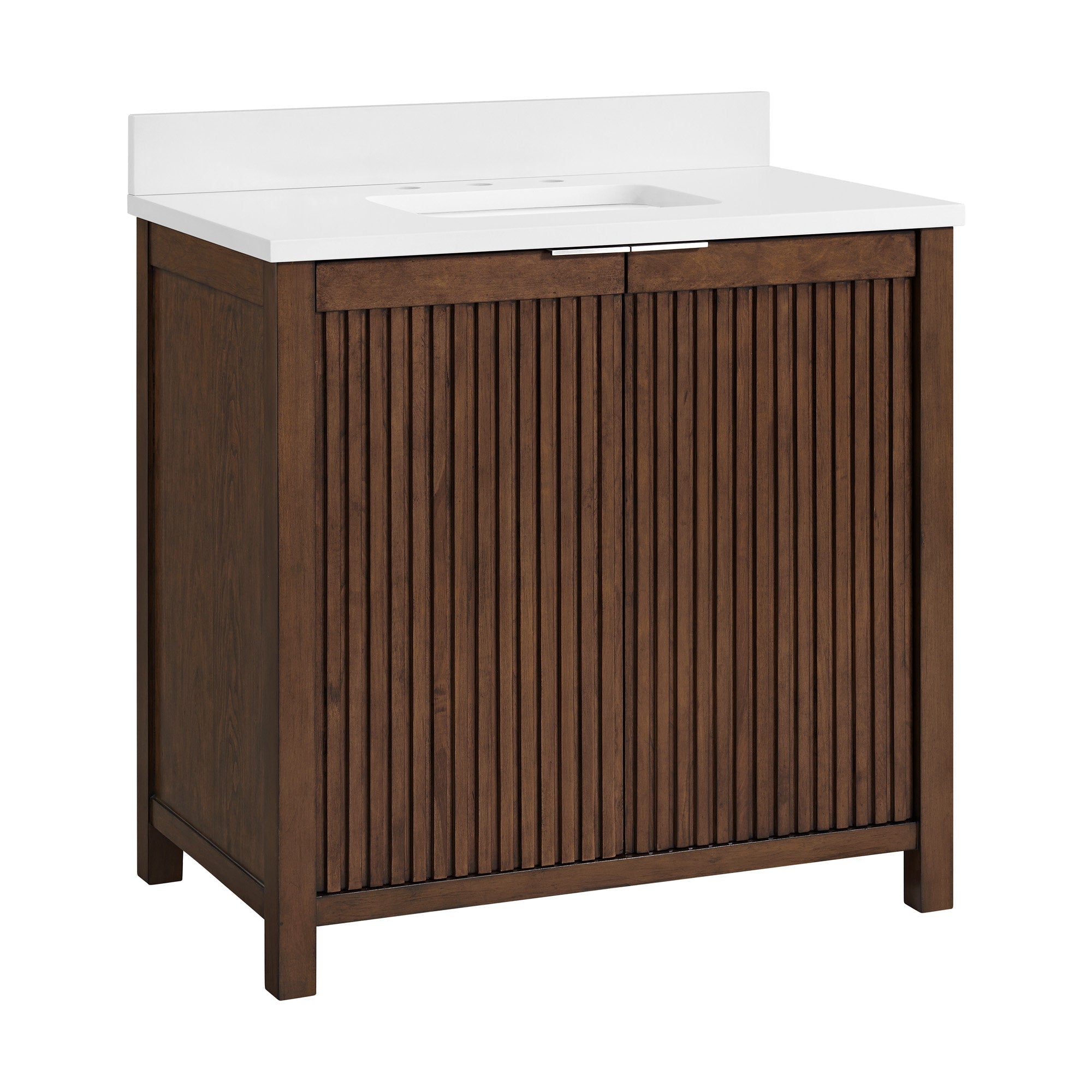 Freestanding solid wood single-sink bathroom vanity in warm brown with vertical fluted cabinet doors, white stone countertop with integrated rectangular sink, slim metal drawer pull and low backsplash.