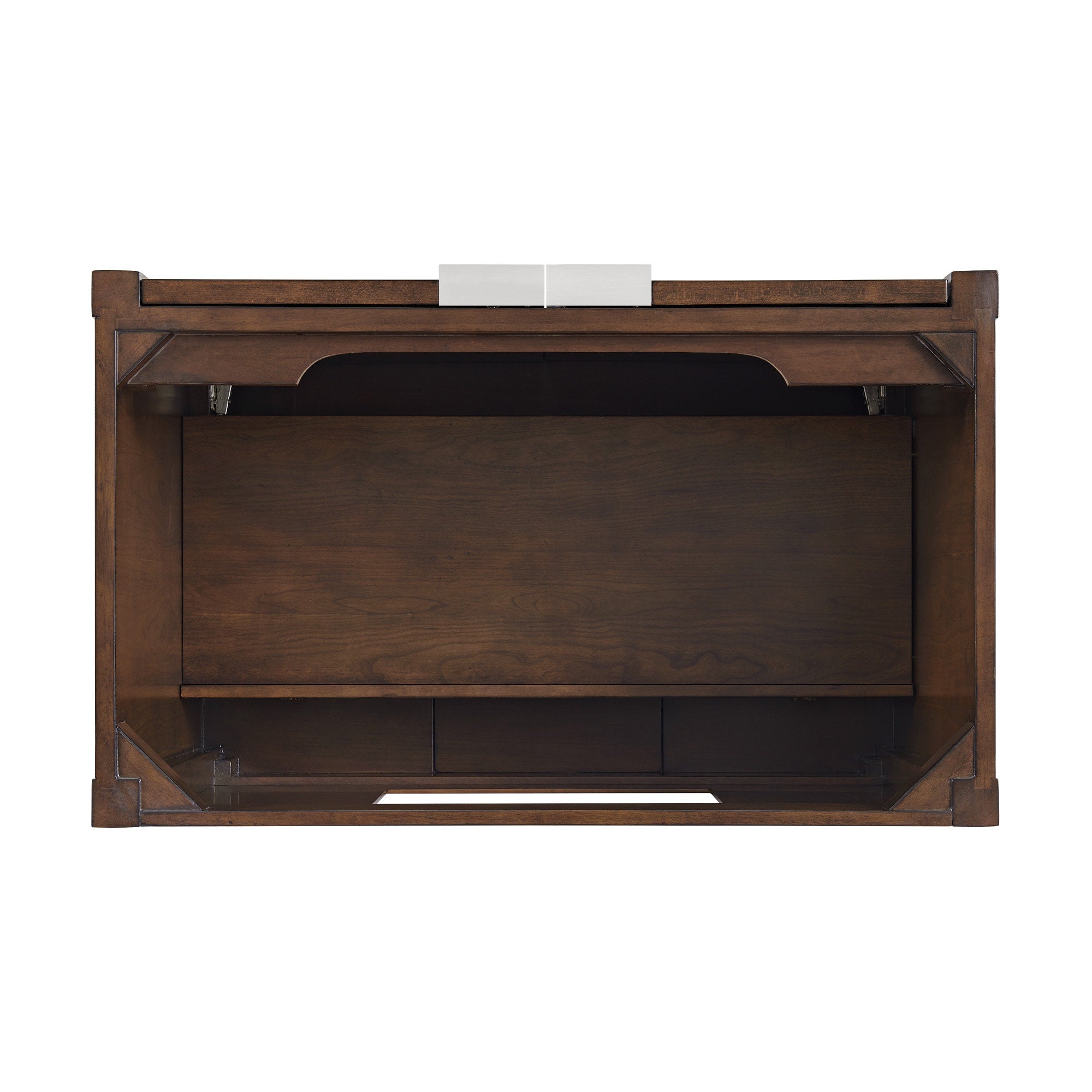 Front view of a 36-inch solid wood single-sink bathroom vanity in warm brown finish showing open storage cavity, recessed panel back, decorative apron detail and top cutout for a stone countertop and sink.