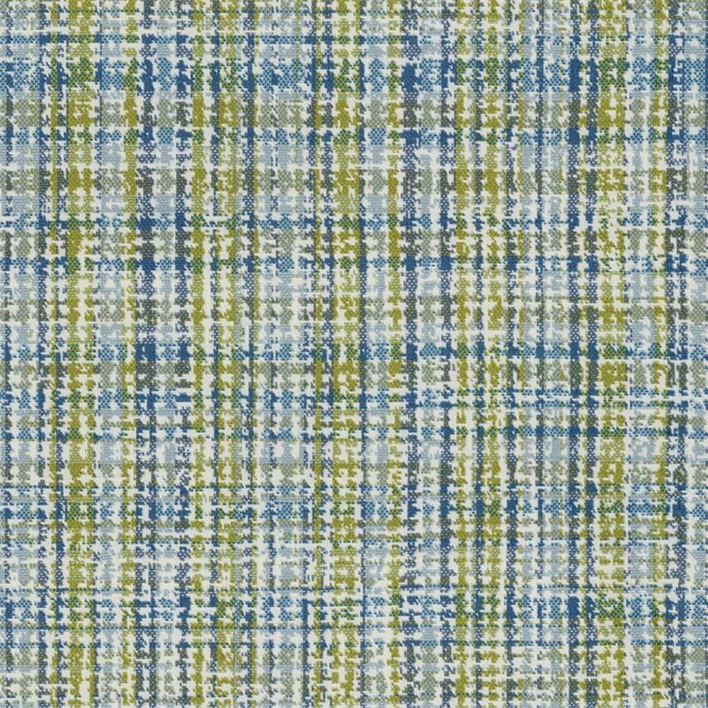 Close-up of 100% polyester upholstery fabric showing a textured plaid weave in blue, green, gray and white tones, a contemporary, modern pattern suited for sofas and indoor seating.