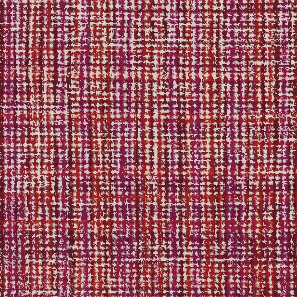 Close-up of 100% polyester upholstery fabric with red and magenta woven threads and a white flecked grid-like texture, shown as a contemporary sofa fabric sample.
