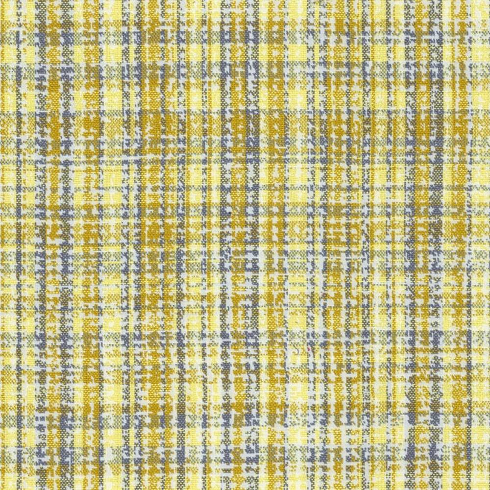 Close-up of textured woven upholstery fabric in yellow, gray and beige tones showing a small-scale distressed plaid pattern, 100% polyester suitable for contemporary sofa upholstery.