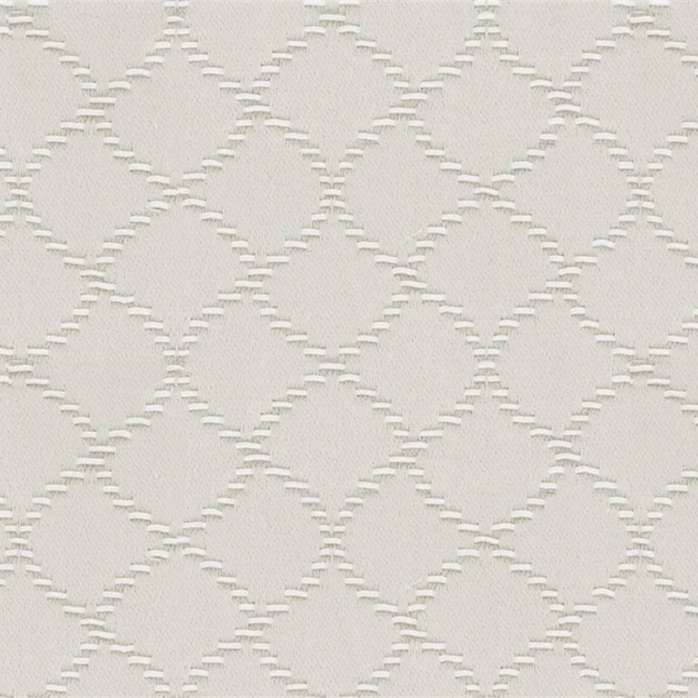 Close-up of natural neutral upholstery fabric (55% cotton, 45% polyester) showing a tonal trellis pattern with raised embroidered stitch texture and a 1.75 by 2 inch pattern repeat.