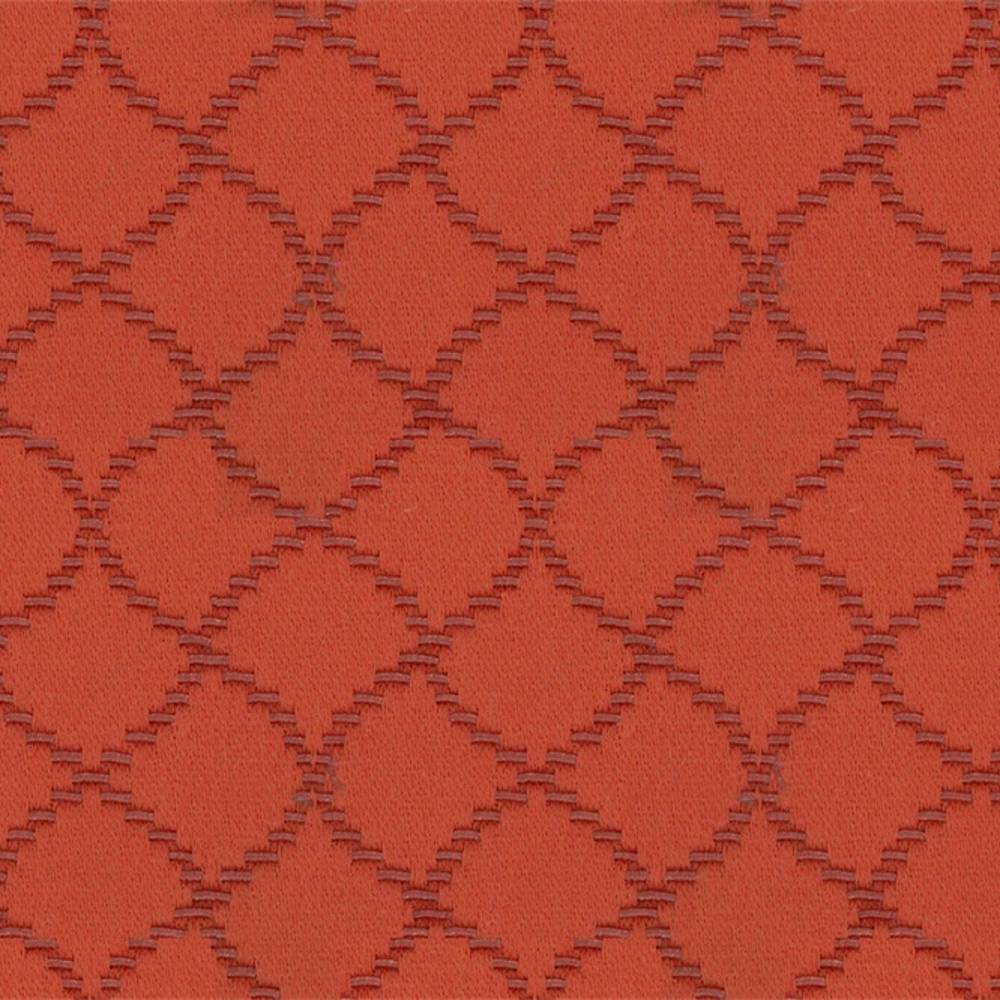 Close-up of a rust-orange trellis-pattern upholstery fabric with textured stepped-diamond weave, 55% cotton 45% polyester blend suitable for contemporary sofas.