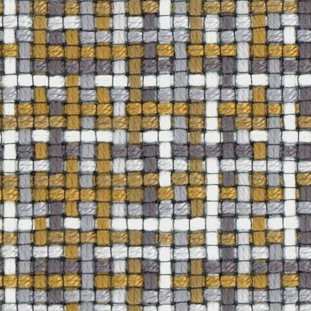 Close-up of a woven upholstery fabric sample for sofas showing a small checked geometric weave in mustard gold, light gray and white with thin black outlining threads; 95% acrylic, 5% polyester for contemporary modern interiors.