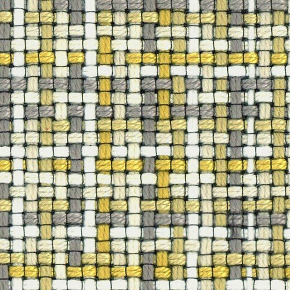 Close-up of yellow, gray and cream woven upholstery fabric showing a small grid plaid texture; 95% acrylic and 5% polyester, designed for contemporary and modern sofas.