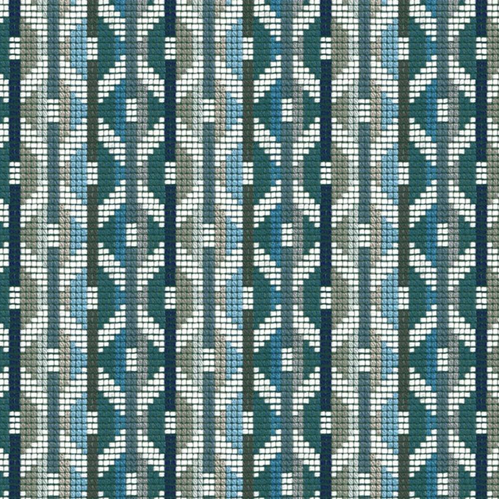 Close-up of woven 95% acrylic, 5% polyester upholstery fabric in teal, gray, light blue and white, showing a repeating geometric chevron motif with a textured basketweave suitable for contemporary sofa upholstery.