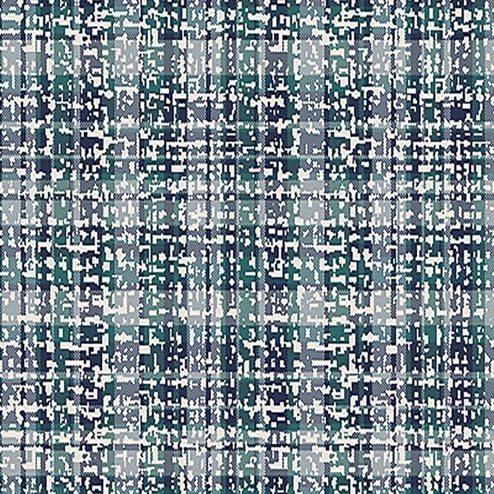 Close-up of contemporary upholstery fabric showing a pixelated plaid pattern in teal green, navy, gray and white; 75% polyester, 25% viscose blend designed for sofa use.