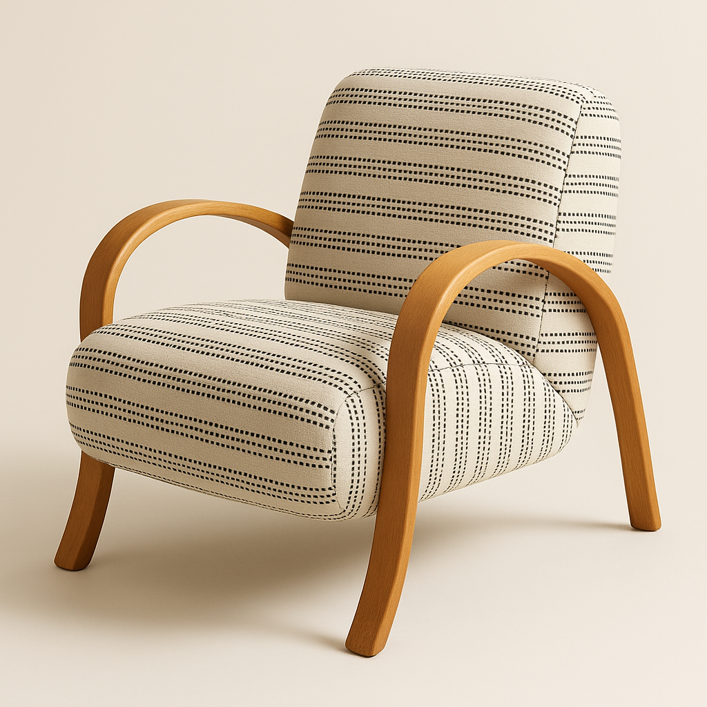 Cream-striped upholstered accent chair with dotted black horizontal pattern, curved natural oak bentwood arms and legs, and a cushioned seat and back in a Scandinavian coastal style.