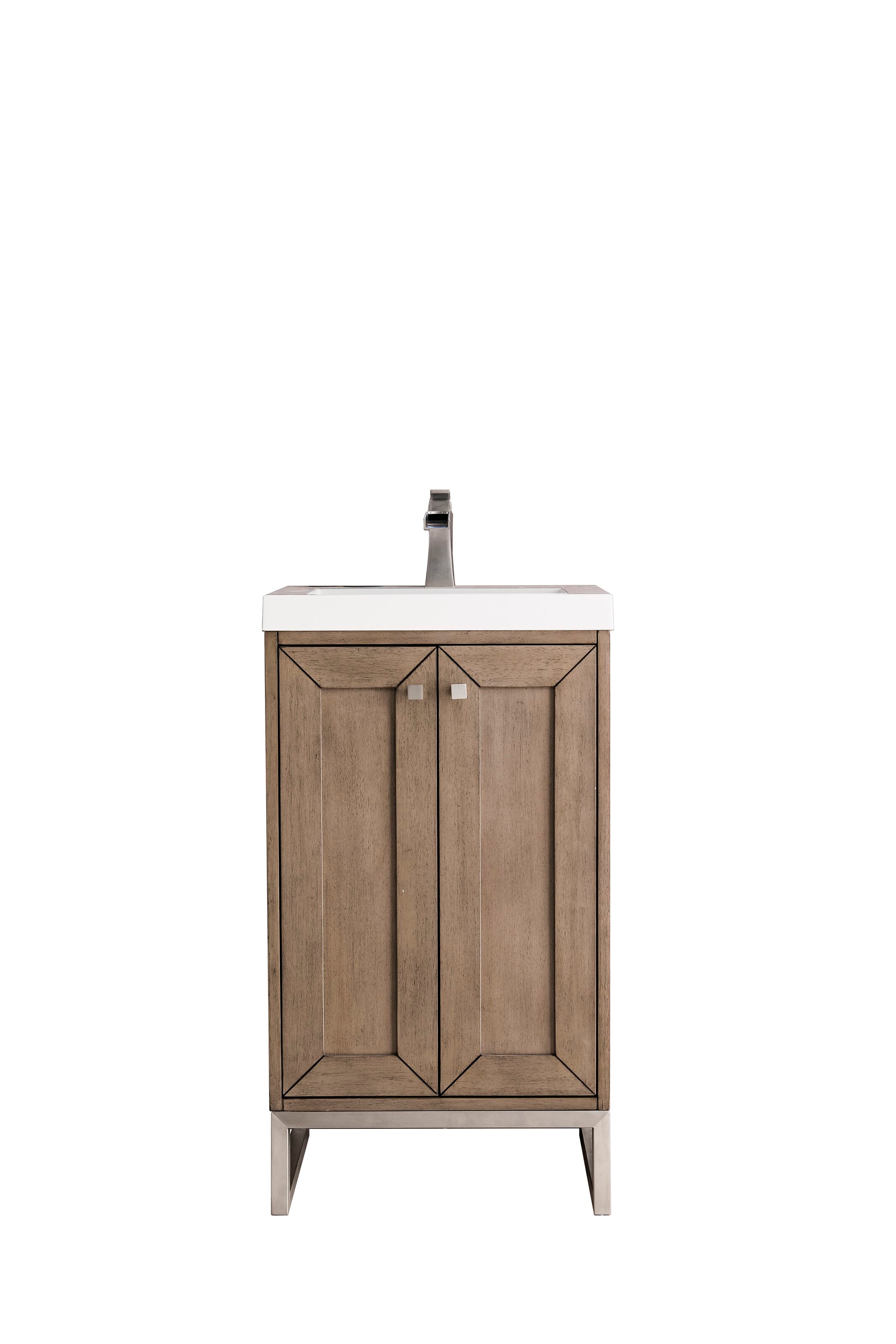 20-inch freestanding solid wood single-sink bathroom vanity in stone finish with white ceramic sink top, geometric paneled doors, square metal knobs and slim brushed-nickel legs for a modern contemporary look.