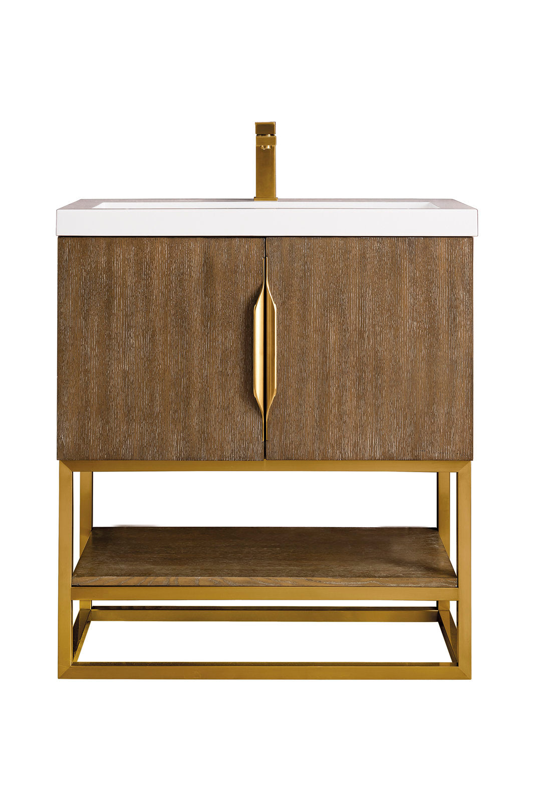 Modern single-sink freestanding bathroom vanity with a white stone top, solid wood stone-colored cabinet, gold metal base and matching vertical gold handle and faucet, and an open lower shelf for storage.