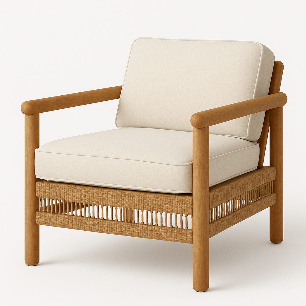 Coastal-style outdoor lounge chair with rounded teak frame, woven natural rope base and thick cream fabric seat and back cushions.