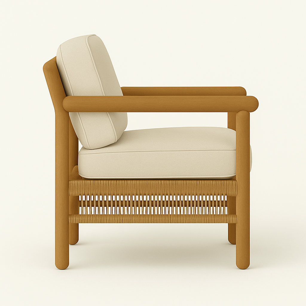 Side view of an outdoor club lounge chair with a natural teak frame, rounded armrests and woven rope detailing, fitted with thick cream fabric seat and back cushions in a mid-century coastal style.