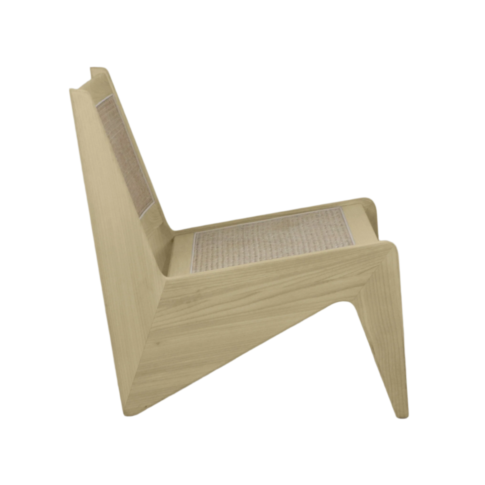 Side profile of a low mid-century modern lounge chair in natural teak wood with woven cane seat and back panels, armless sloped frame and angled legs.