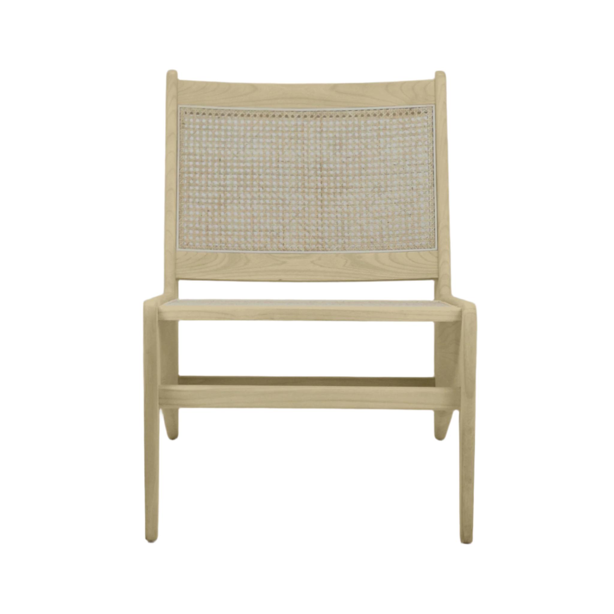 Armless mid-century modern lounge chair with a natural blonde solid wood frame, woven cane back panel and open low-profile seat.