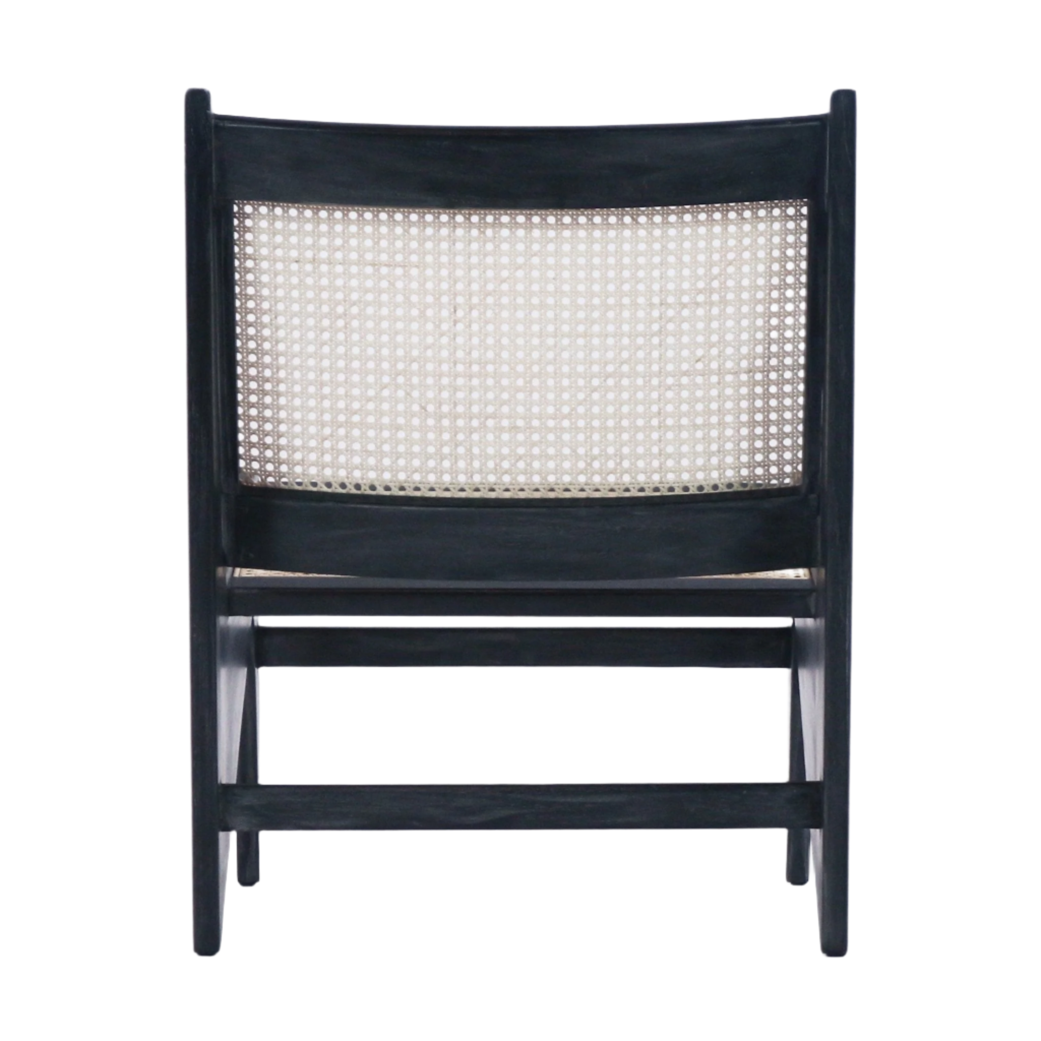 Rear view of a mid-century modern chair with a smoked-black teak frame and natural woven cane backrest, showing low horizontal stretcher bars and tapered legs against a white background.