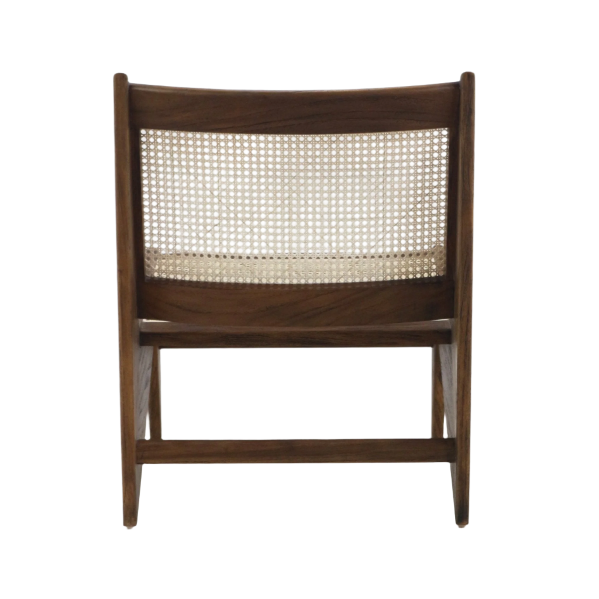 Rear view of an armless mid-century modern accent chair featuring a solid teak frame and natural woven cane back in a warm brown finish.