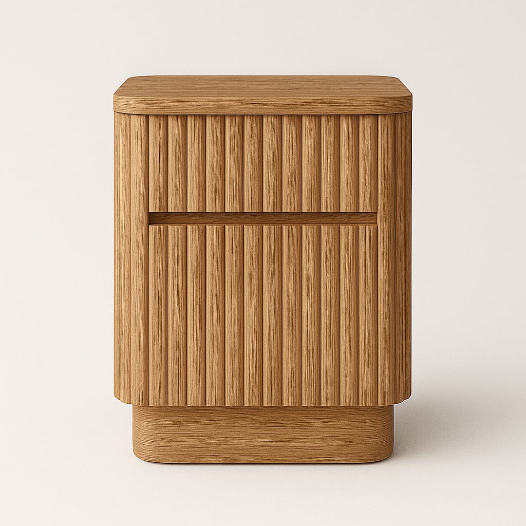 Natural oak fluted nightstand with vertical slatted front, two inset drawers and rounded edges on a solid plinth base in a modern mid-century style.