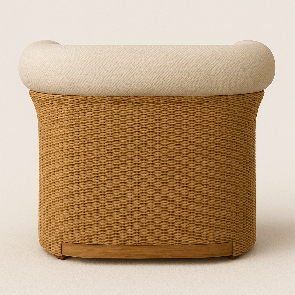 Back view of a coastal outdoor accent chair with tan woven all-weather wicker body, curved wooden base detail and a rounded beige upholstered seat cushion.