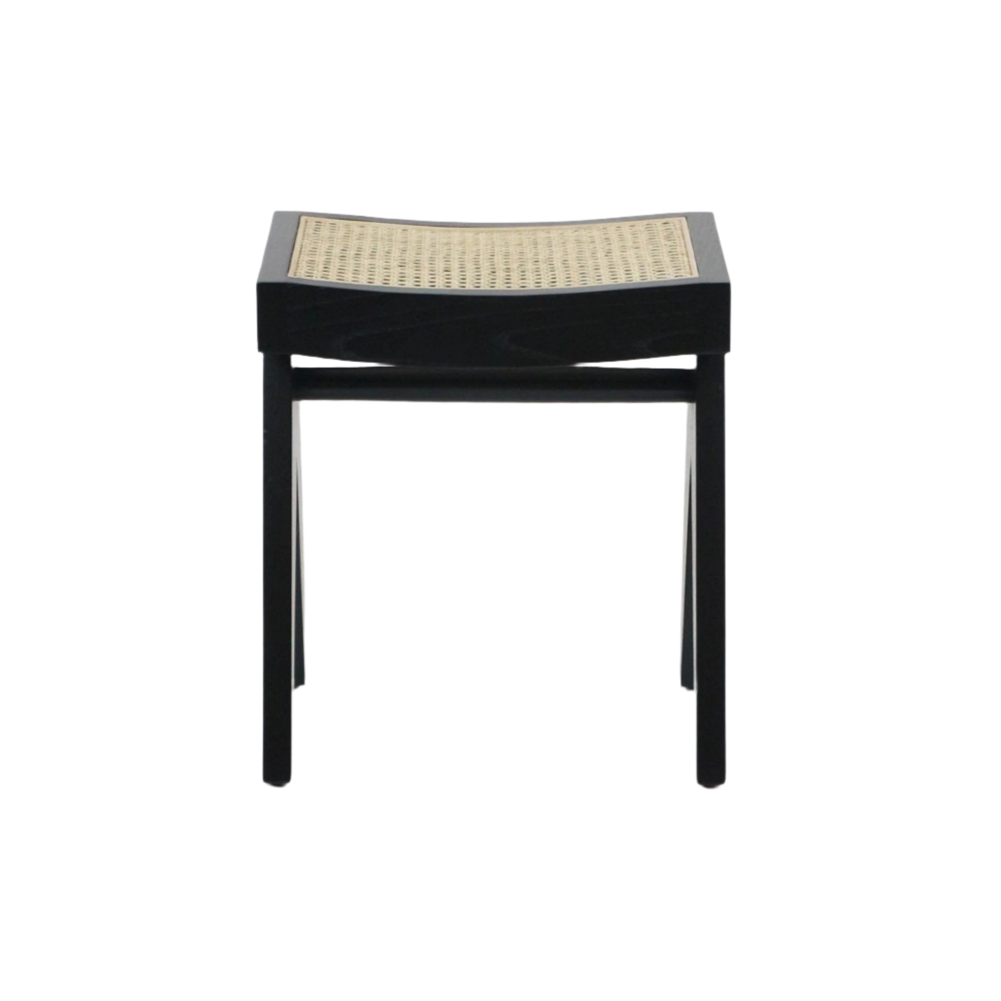 Front view of a mid-century modern footstool featuring a curved natural cane seat set into a black solid wood frame with four straight legs, low profile and armless for office or living spaces.