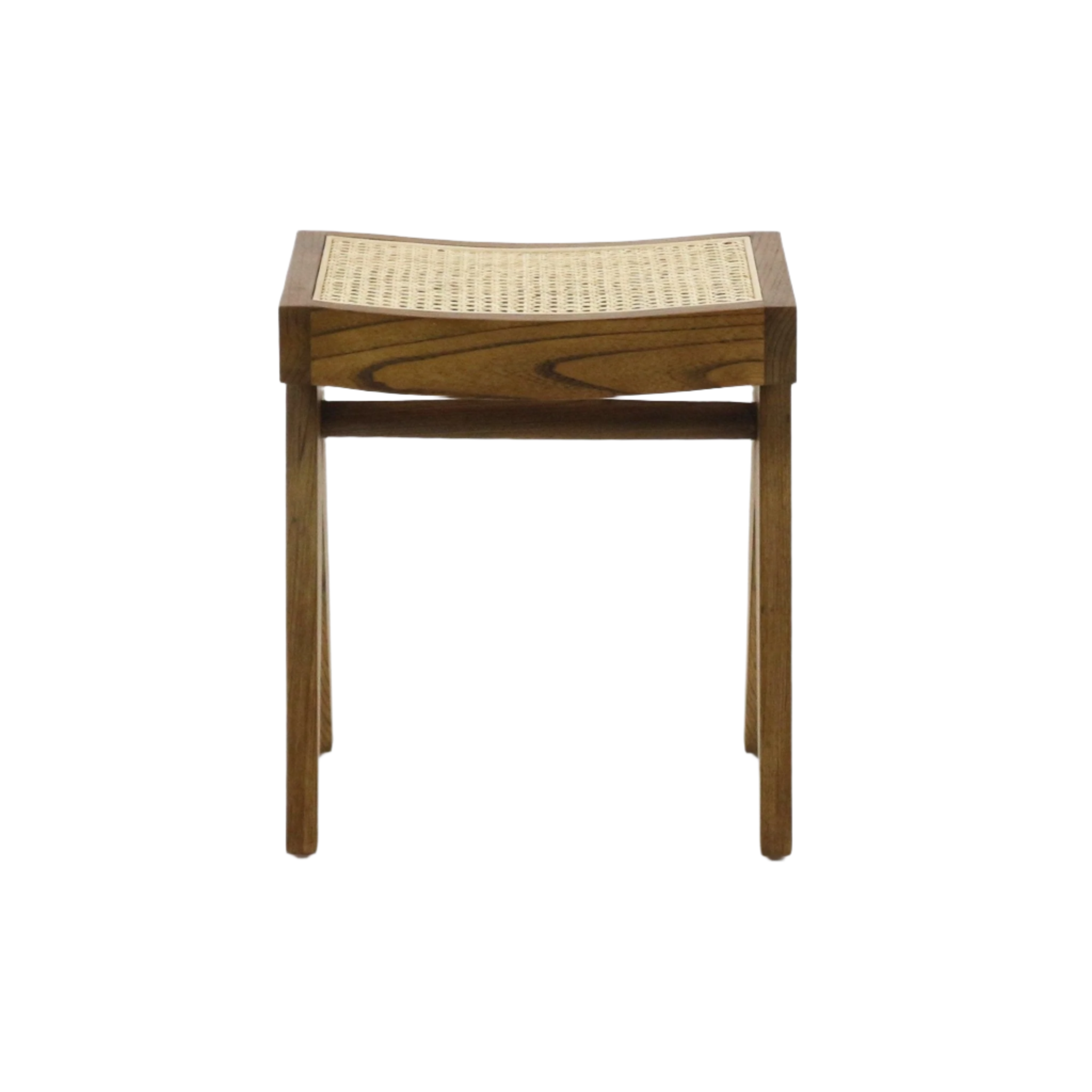 Mid-century modern footstool in natural solid wood with a woven rattan cane seat, gently curved rectangular top and four straight legs with a stretcher, shown on a white background.