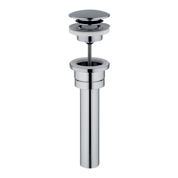 Polished chrome pop-up sink drain assembly shown partially disassembled, featuring round cap, rubber gasket, threaded rod and cylindrical tailpiece for a modern single-sink bathroom vanity.