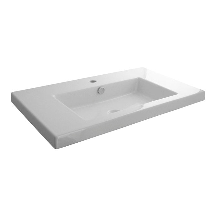 White ceramic rectangular vanity top with an integrated basin, single rear faucet hole and centered drain, shown isolated on a white background.