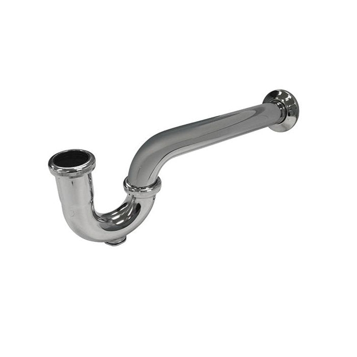 Polished chrome P-trap with extended wall arm for sink plumbing, showing the curved U-bend and flanged wall connection on a white background in a modern finish.