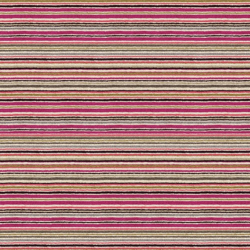 Close-up of contemporary striped upholstery fabric with narrow horizontal bands in vibrant pink, beige, olive and black; soft viscose-blend texture suitable for sofas.