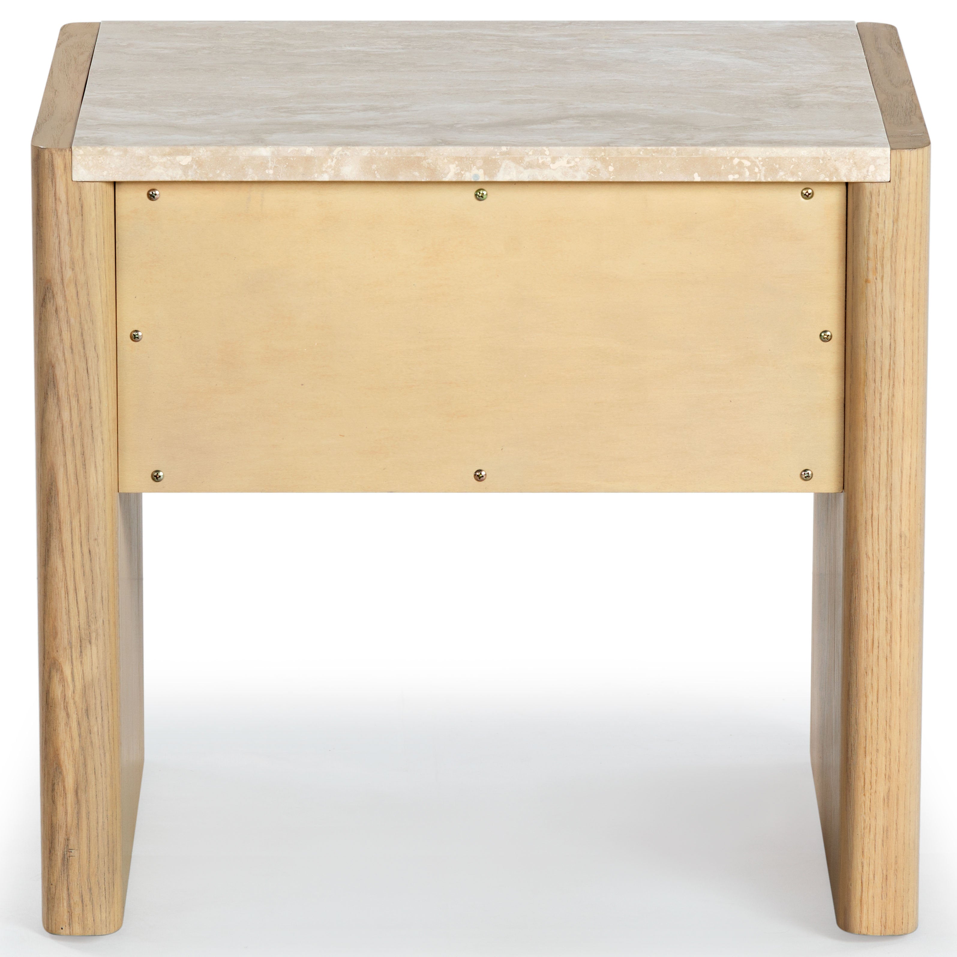 Front view of a minimalist modern nightstand with a beige marble top, natural wood frame and rounded legs, featuring a single light-wood drawer with visible fasteners.