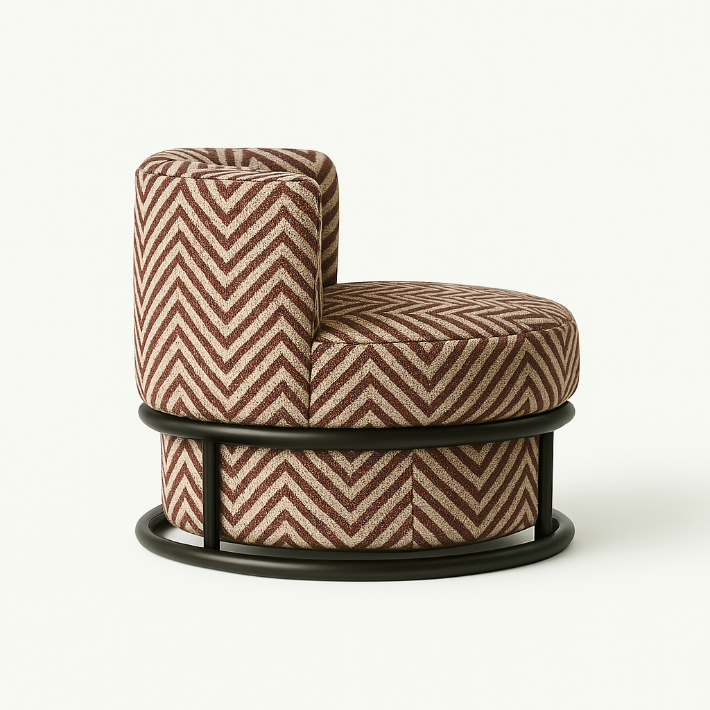 Modern swivel accent chair upholstered in brown and beige chevron performance fabric with a round cushioned seat, low curved backrest, and black metal circular base.