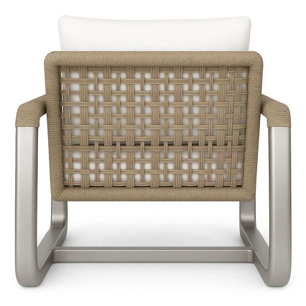 Rear view of an outdoor accent chair with a brushed aluminum sled base and arms, tan woven rope back panel and a white cushioned seat for coastal modern patio seating.
