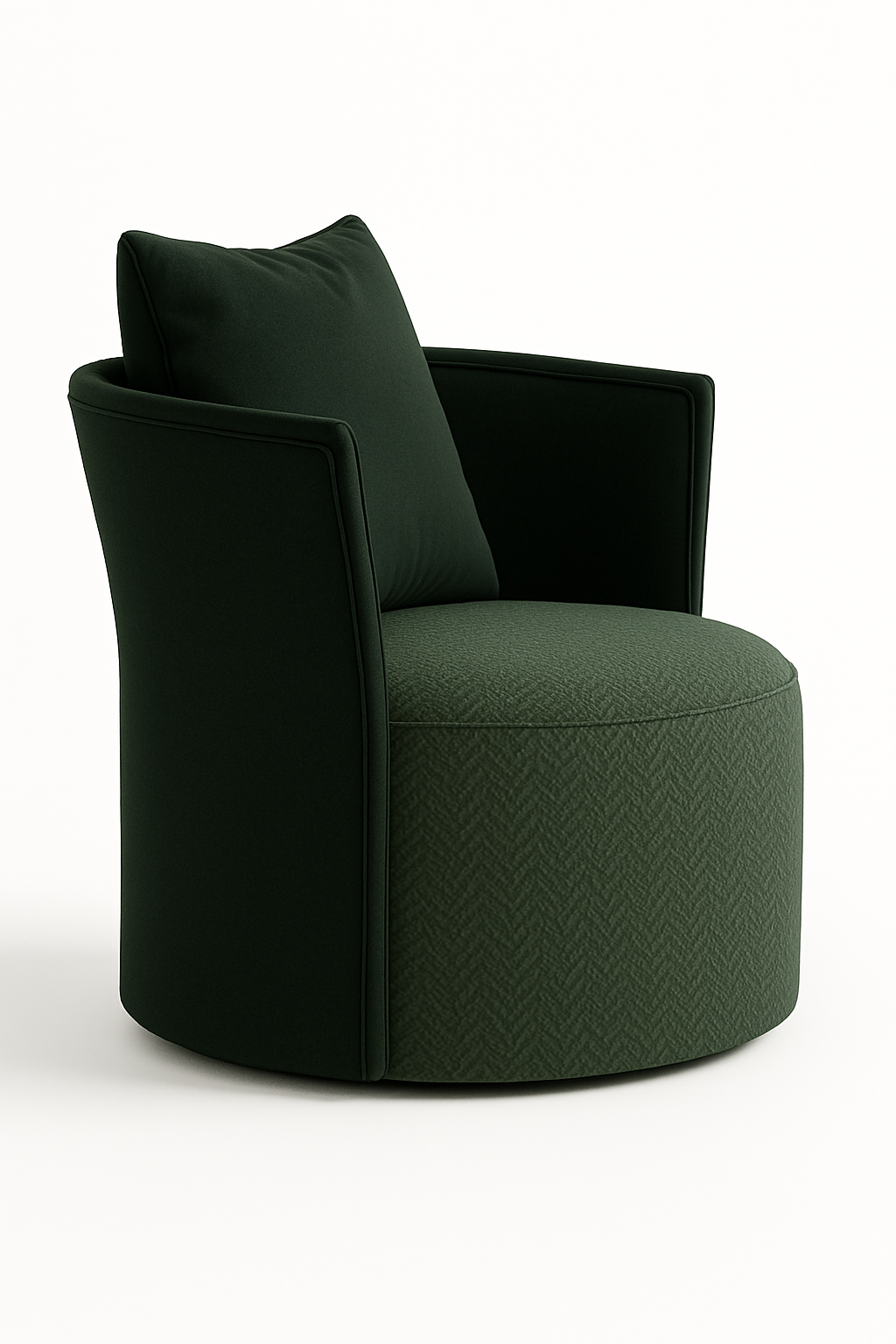 Round deep-green swivel chair with a textured wool-upholstered seat, curved leather-framed back and a loose matching back cushion, shown on a white background.